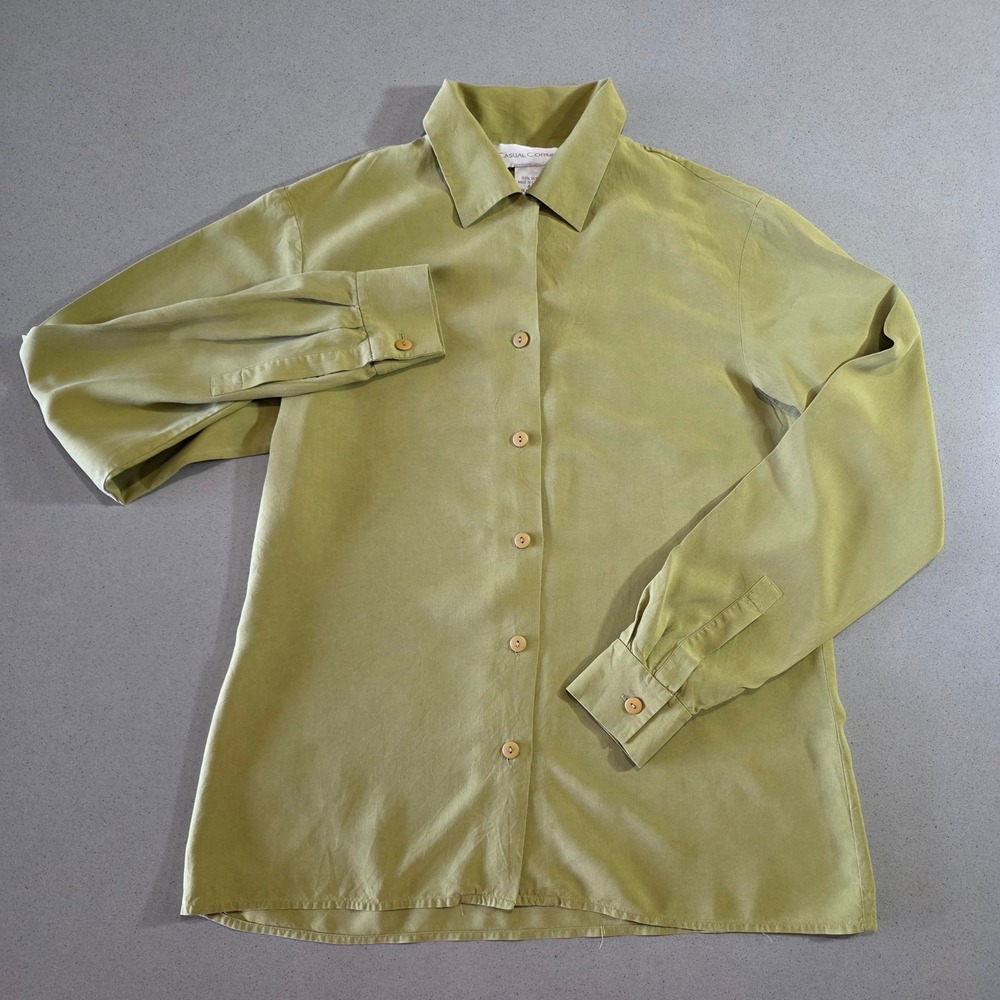 Casual Corner 100% Silk Button Down Shirt Chartreuse Green Size 4 Long Sleeve